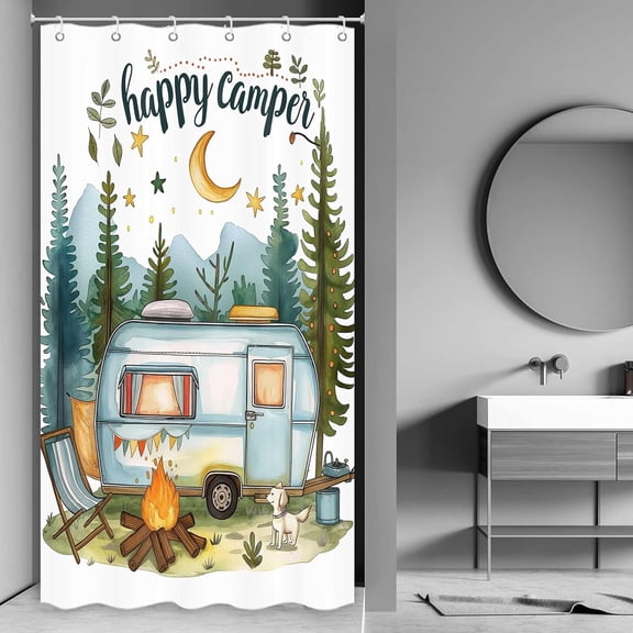 Happy Camper Small Stall RV Shower Curtain Rustic Tree Mountain Adventure Tent Camping Bathroom Curtains Travel Trailer Bathroom Accessories Set with Hooks 36 x 72 Inches
