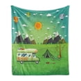 thumbnail image 1 of Happy Camper Soft Flannel Fleece Blanket, Family Caravan with Bicycle and Balloons Outdoors Mountain Landscape Cartoon, Cozy Plush for Indoor and Outdoor Use, 60" x 80", Multicolor, by Ambesonne, 1 of 6