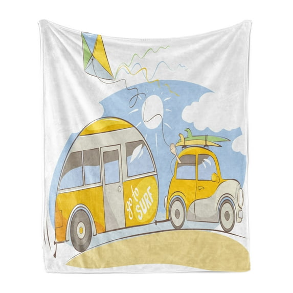 Happy Camper Soft Flannel Fleece Blanket, Traveling Van Car in Pastel Tone Cartoon Layout Colorful Holiday Scene, Cozy Plush for Indoor and Outdoor Use, 50" x 60", White Multicolor, by Ambesonne