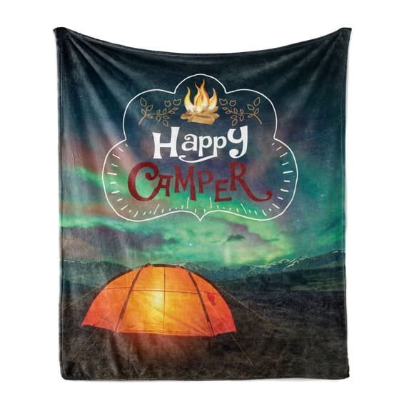 Happy Camper Soft Flannel Fleece Throw Blanket, Aurora Borealis Night Sky and Tent Bonfire Typography Nature Themed Print, Cozy Plush for Indoor and Outdoor Use, 60" x 80", Multicolor, by Ambesonne