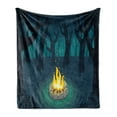thumbnail image 1 of Happy Camper Soft Flannel Fleece Throw Blanket, Cartoon Illustration of Lonely Camp in Woods at Night, Cozy Plush for Indoor and Outdoor Use, 50" x 70", Dark Violet Blue Teal, by Ambesonne, 1 of 5