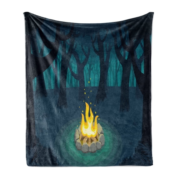 Happy Camper Soft Flannel Fleece Throw Blanket, Cartoon Illustration of Lonely Camp in Woods at Night, Cozy Plush for Indoor and Outdoor Use, 70" x 90", Dark Violet Blue Teal, by Ambesonne