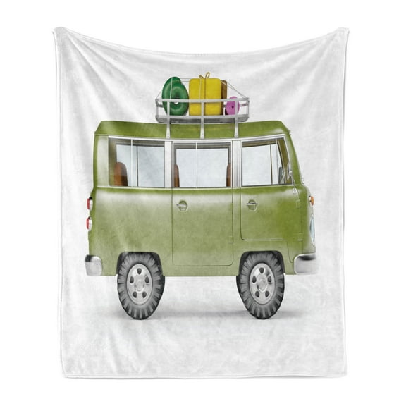 Happy Camper Soft Flannel Fleece Throw Blanket, Safari Van Digital Design Savannah Vehicle Touristic Exotic Places, Cozy Plush for Indoor and Outdoor Use, 50" x 60", Multicolor, by Ambesonne