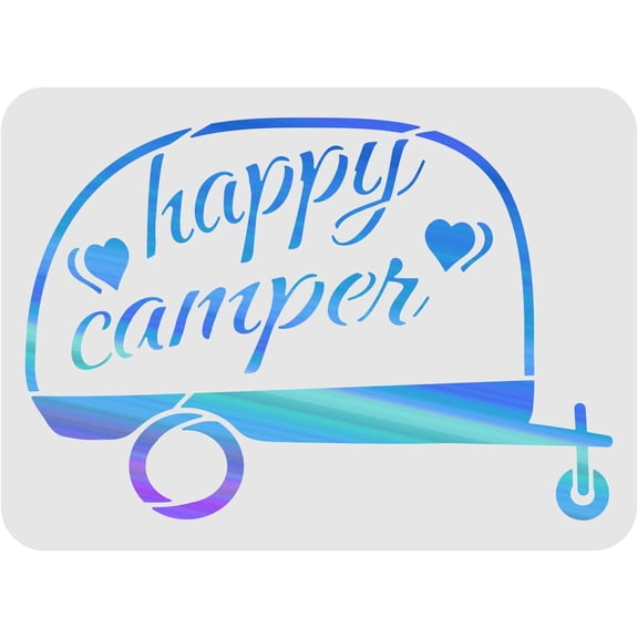 Happy Camper Stencil Template 11.6x8.3 inch Plastic Camper Pattern Drawing Painting Stencils Rectangle Reusable Stencils for Painting on Wood Floor Wall and Tile Mixed Color