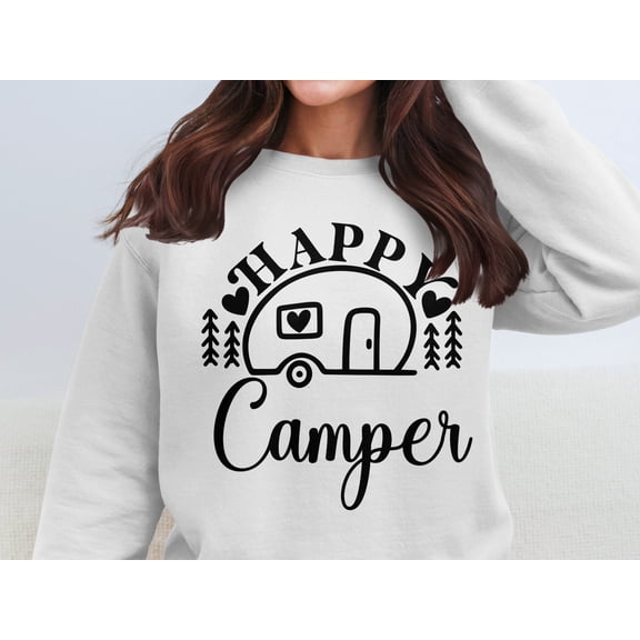 Happy Camper Sweatshirt, Cute Camping Pullover, Outdoor Adventure Sweater, Cozy Travel Hoodie, Comfy Nature Lover's Top (S, White)