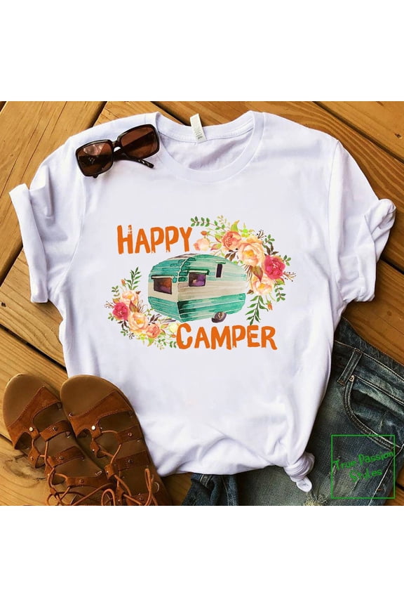 Happy Camper T-shirt, Camping Idea for Cool Campers, Camp Van with Flowers Tee Shirts, Sweater, T-shirt, Travel Adventure Shirt, F2942 All Size S-5Xl