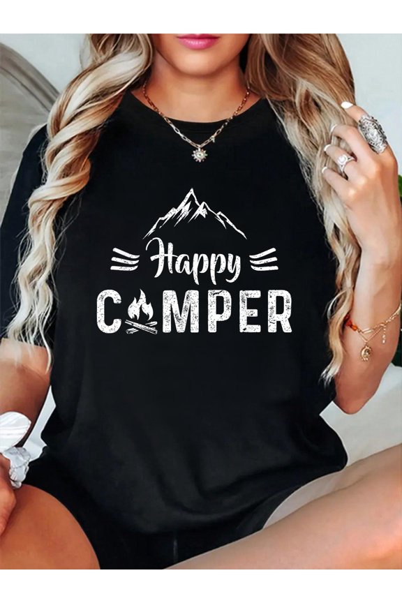 Happy Camper Tee Retro Vintage Camping Outfit T-Shirt casual short sleeve crew neck cotton tee tops for women