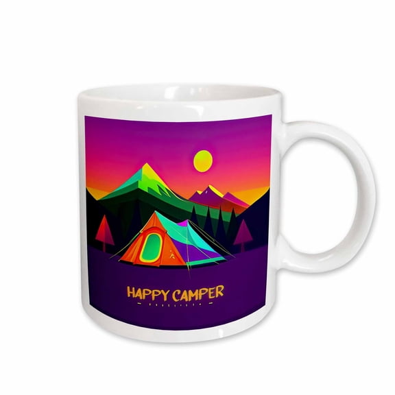 3drose, Happy Camper Text, Colorful Tent, Yellow Moon, Purple Sky Gift, 11oz Mug
