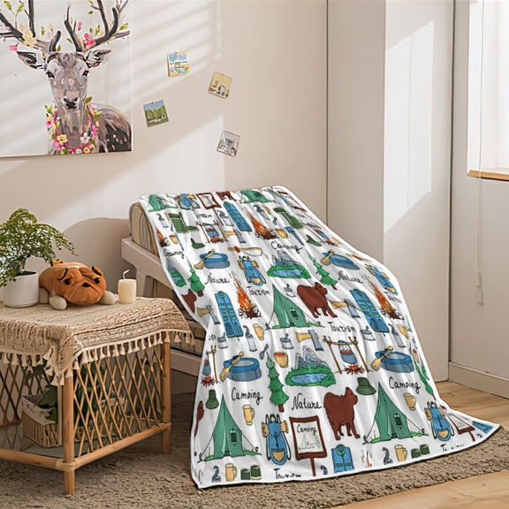 Happy Camper Throw Blanket, Happy Camper Throw Flannel Blankets for Couch & Bed, Camping Gifts for Women or Men Lovers Throw, Flannel Blanket, Campers Decor Outdoor, RV Campsite Travel Hiking