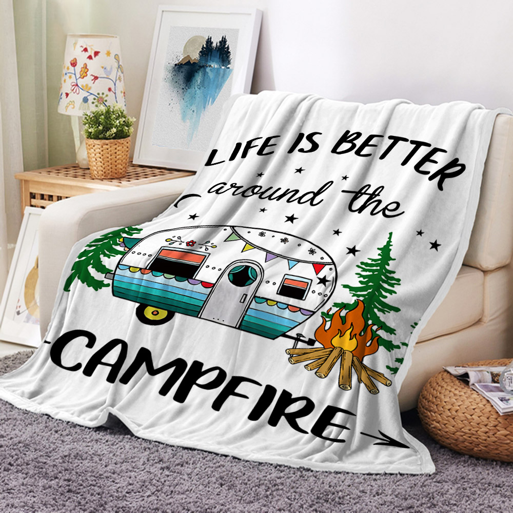 Happy Camper Throw Blanket Retro Rustic Wood Neutral Color Fleece Throw Blanket for Travel Trailer Camping Theme Motor RV Flannel Fleece Blanket Bed