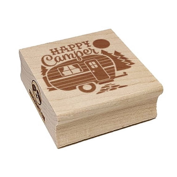 Happy Camper Trailer Camping Square Rubber Stamp Stamping Scrapbooking Crafting - Small 1.25in