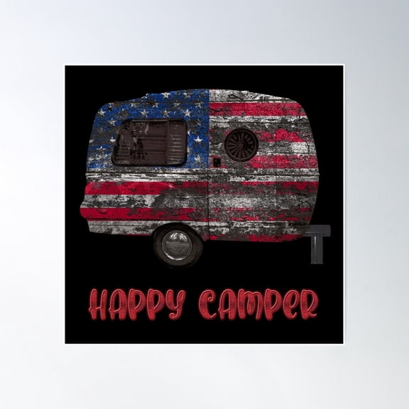 Happy Camper Vintage Caravan Poster Wall Art, Modern Wall Decor, 16x16 UNFRAMED