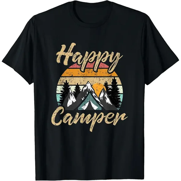 Happy Camper Vintage Mountain Sunset Graphic Unisex Short Sleeve T-Shirt