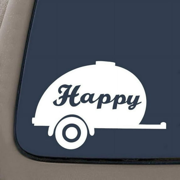 Happy Camper White VINYL 7.5" car Decal graphic swim Art Wall Sticker Car USA Camping Outdoors Fun Awesome Cute Funny | Car Truck Van SUV Laptop Macbook Wall Decals