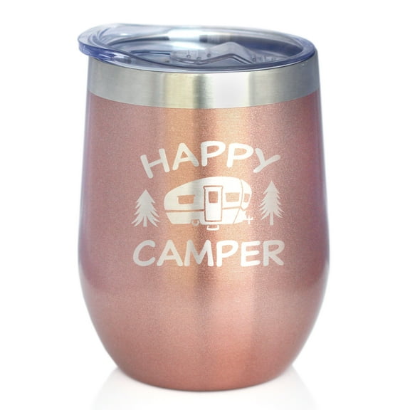 Happy Camper Wine Tumbler with Sliding Lid - Stemless Stainless Steel Insulated Cup - Cute Outdoor Camping Mug