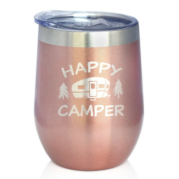 Happy Camper Wine Tumbler with Sliding Lid - Stemless Stainless Steel Insulated Cup - Cute Outdoor Camping Mug