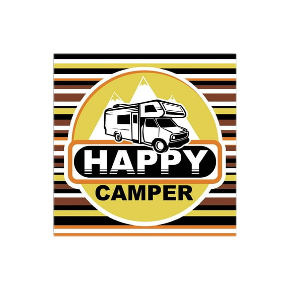 Happy Camper Yellow Brown Stripes RV 12 x 12 Wood Wall Sign Plaque