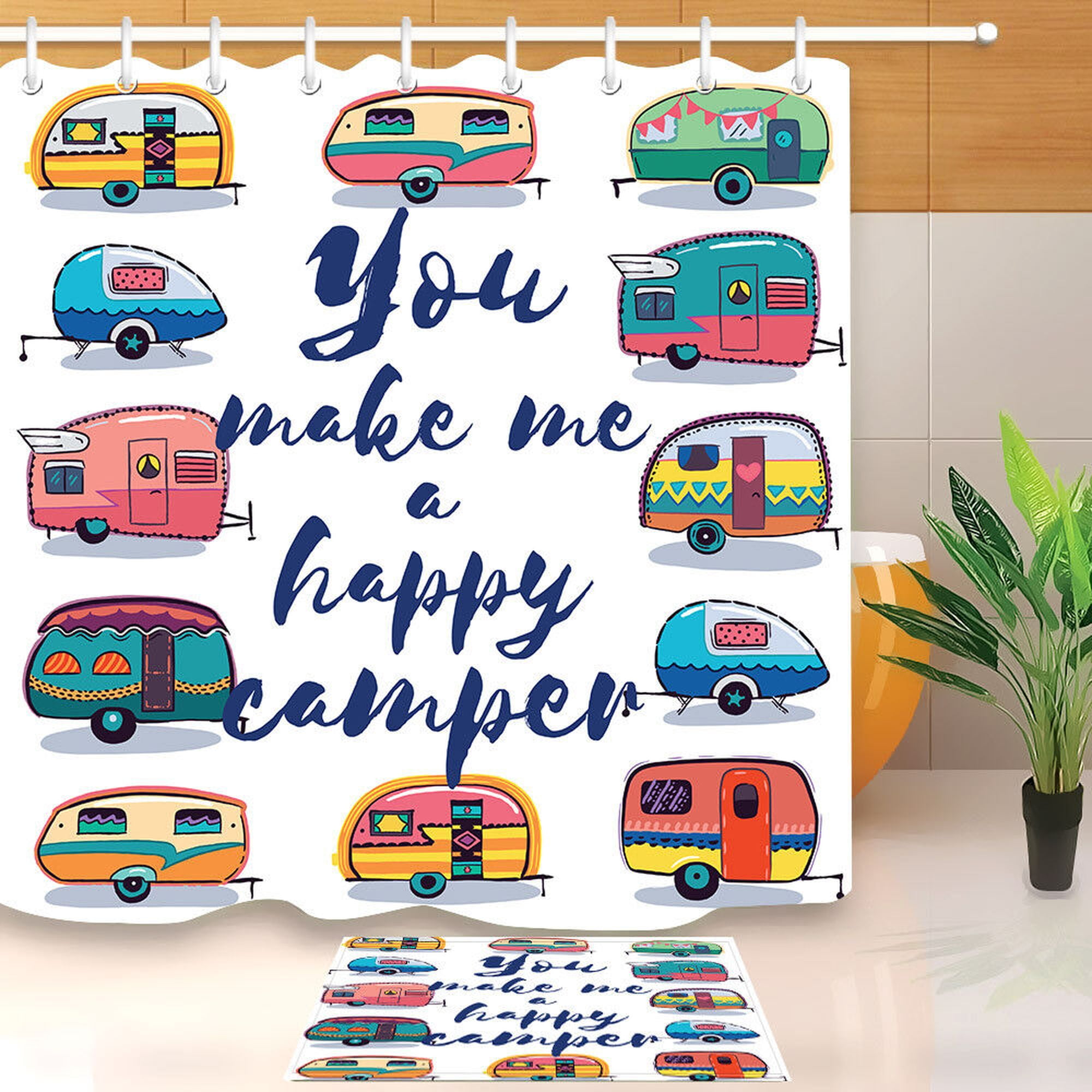 Happy Camper's Essential Colorful RV Shower Curtain & Hooks for a