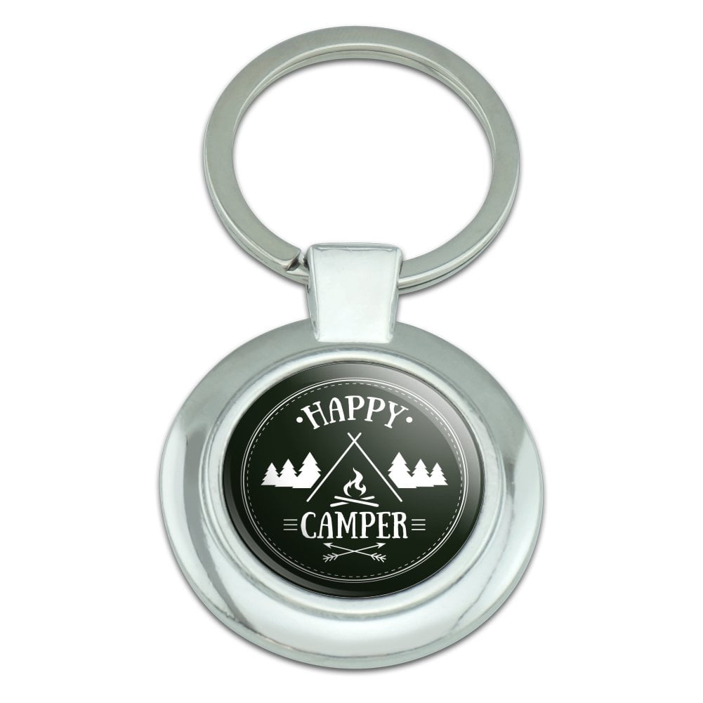 Happy Camper with Campfire Keychain Classy Round Chrome Plated Metal ...