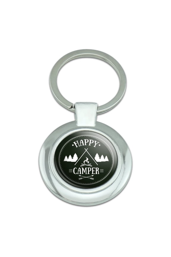 Happy Camper with Campfire Keychain Classy Round Chrome Plated Metal