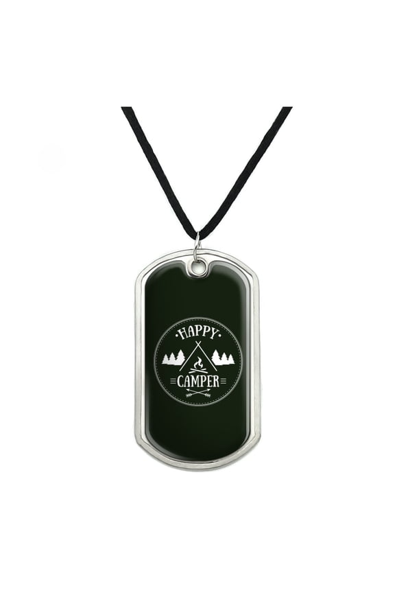 Happy Camper with Campfire Military Dog Tag Pendant Necklace with Cord