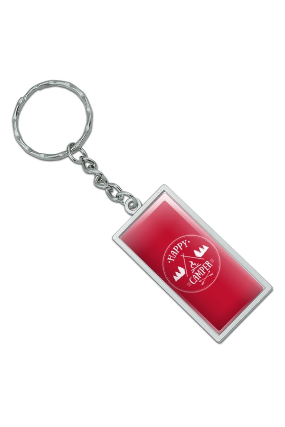 Happy Camper with Campfire Rectangle Keychain in Chrome Plated Metal