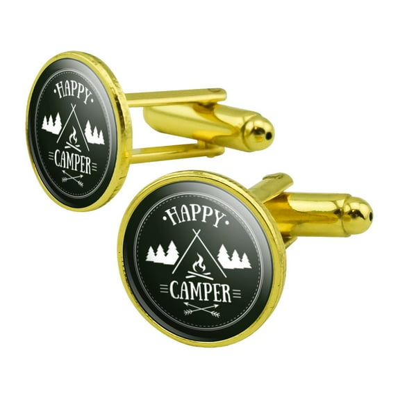 Happy Camper with Campfire Round Cufflink Set Gold Color