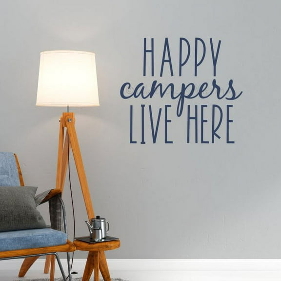 Happy Campers Live Here Camper Decorations for Inside Wall Decals RV Decor Art Quote Sticker 23x20-Inch Deep Blue