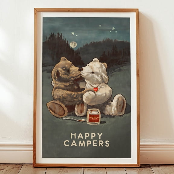 Happy Campers Print Retro Camping Bears Art Cabin Decor Home Decor Office Wall Art