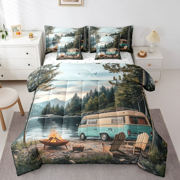 Happy Campimng 7 Pieces Bed In A Bag Rustic Farmhouse Decor Queen Comforter,Camper Lake View Bedding Set,Country Farm Fitted Sheet Teens