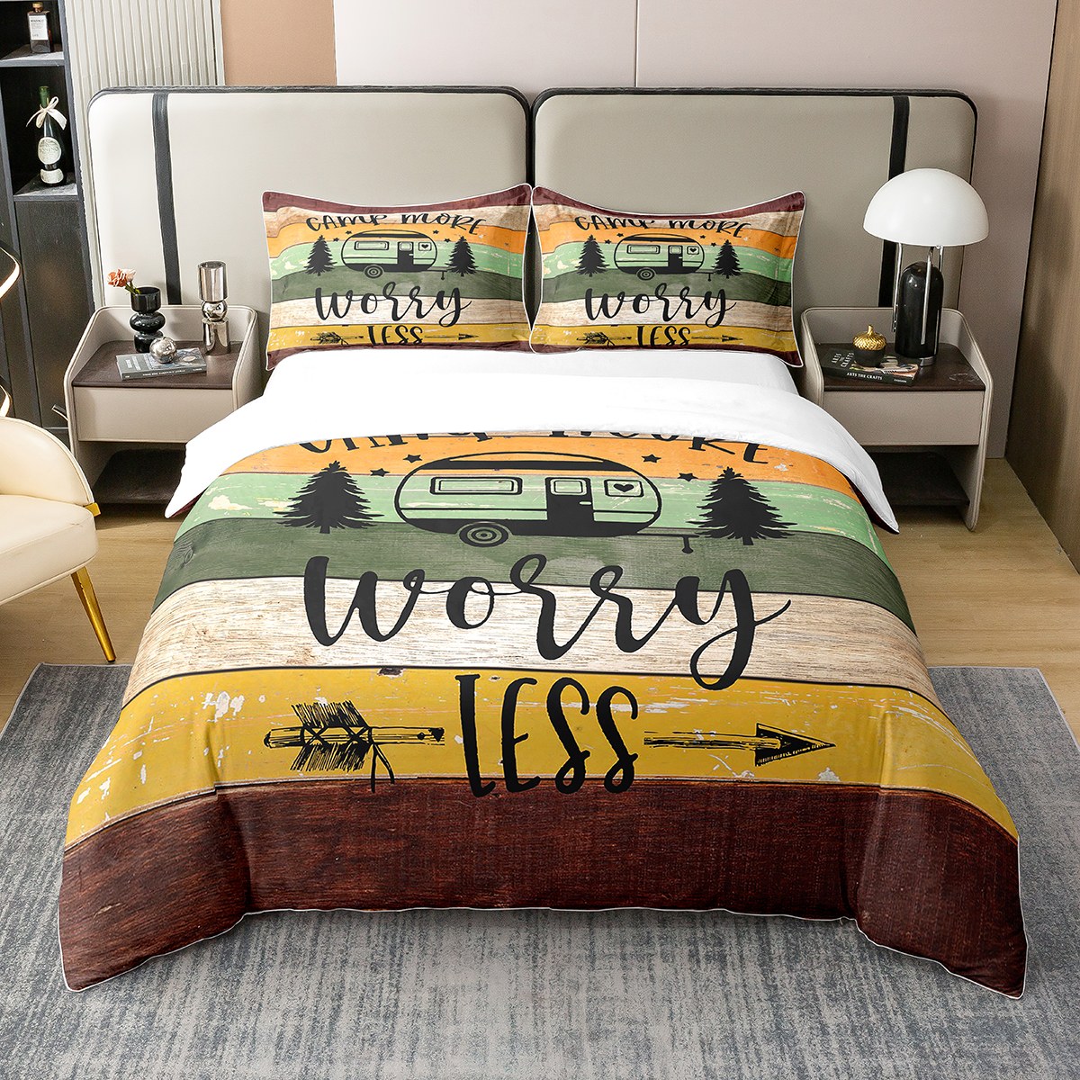 Happy Camping 100 Cotton Duvet Cover,Camper Bedding Set for Travel