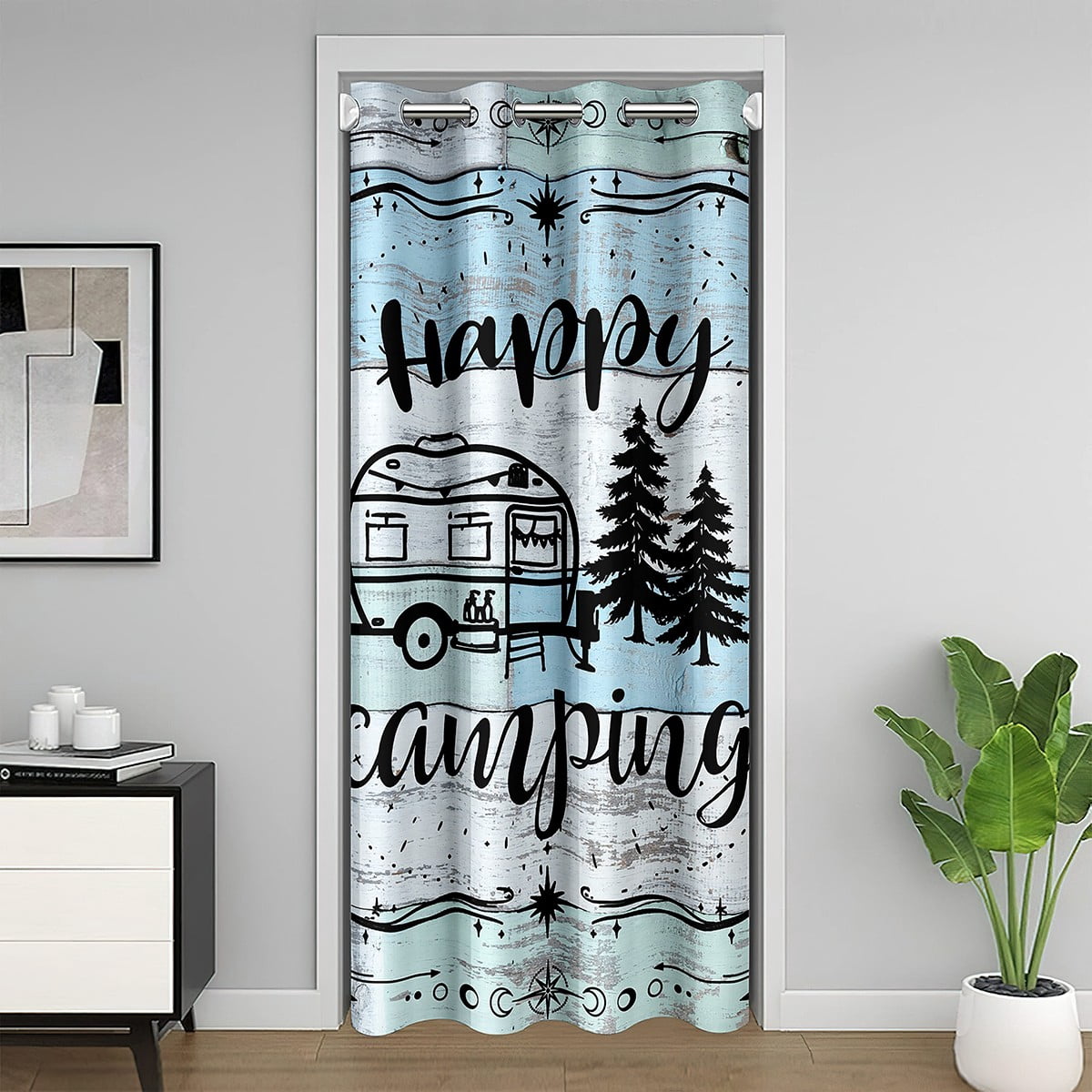 Happy Camping 34"W X 80"L Blackout Curtain,Camper Door Drape,Travel Watercolour Wooden Door Curtain For Doorway Privacy,Bohemian Room Divider Curtain Temporary Door,Colorful