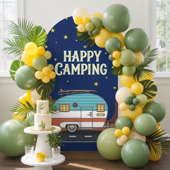 Happy Camping Arch Backdrop Cover, 4FT, Summer Travel Flat Vector Nighttime Vintage Camper Spandex Arch Covers Double-Sided Backdrop for Wedding Birthday Party Photo Background Decoration