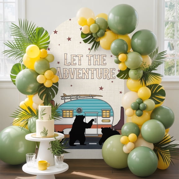 Happy Camping Arch Backdrop Cover, 4FT, Summer Travel Vector Black Bear Rustic Beige Spandex Arch Covers Double-Sided Backdrop for Wedding Birthday Party Photo Background Decoration