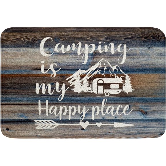 Happy Camping Bathroom Rugs for Toilet,Camper Bath Rugs for Travel Trailers,RV Camping Car Door Mat 16"x24",Retro Wood Planks Rustic Farmhouse Style Bath Mat Camper Accessories for Inside Brown Blue