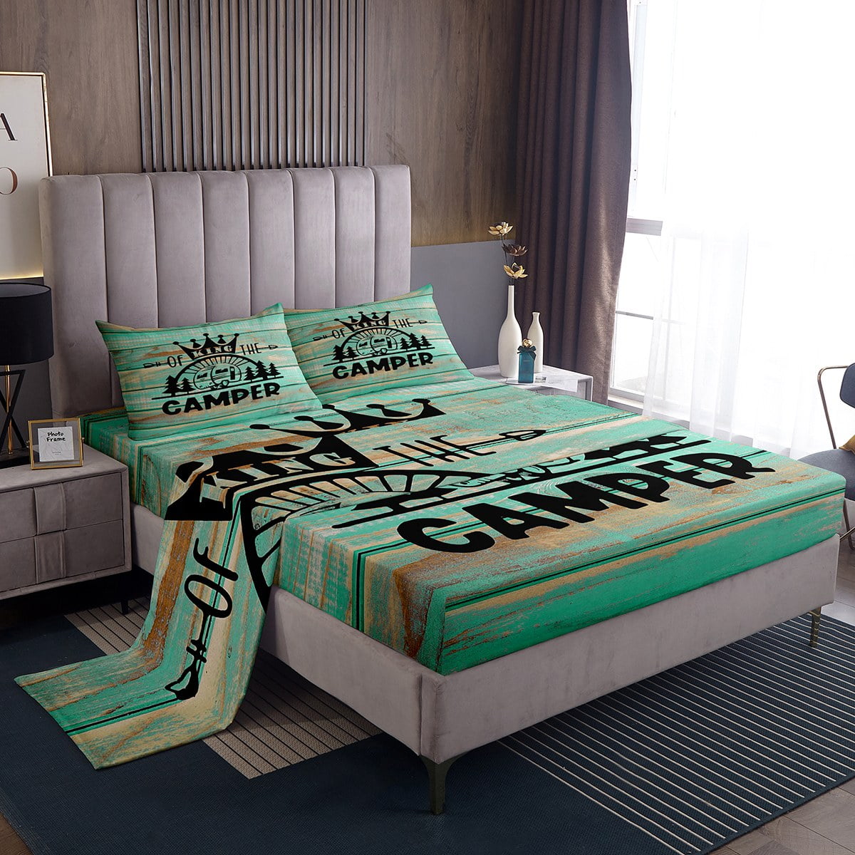 Happy Camping Bed Sheets,Camper Sheet Set,RV Camping Car Fitted Sheet Twin,Teal Ombre Art Wooden