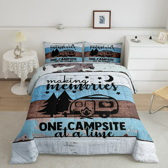 Happy Camping Bedding for Boys Child,Camper Comforter Set for Travel Trailers,RV Camping Car Down Comforter Twin,Retro Wood Planks Rustic Farmhouse Style Quilt Camper Accessories for Inside Blue Brown