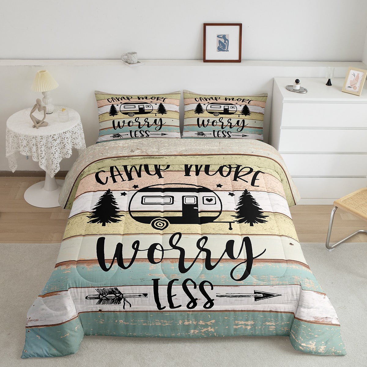 Happy Camping Bedding for Girls,Camper Comforter Set for Travel