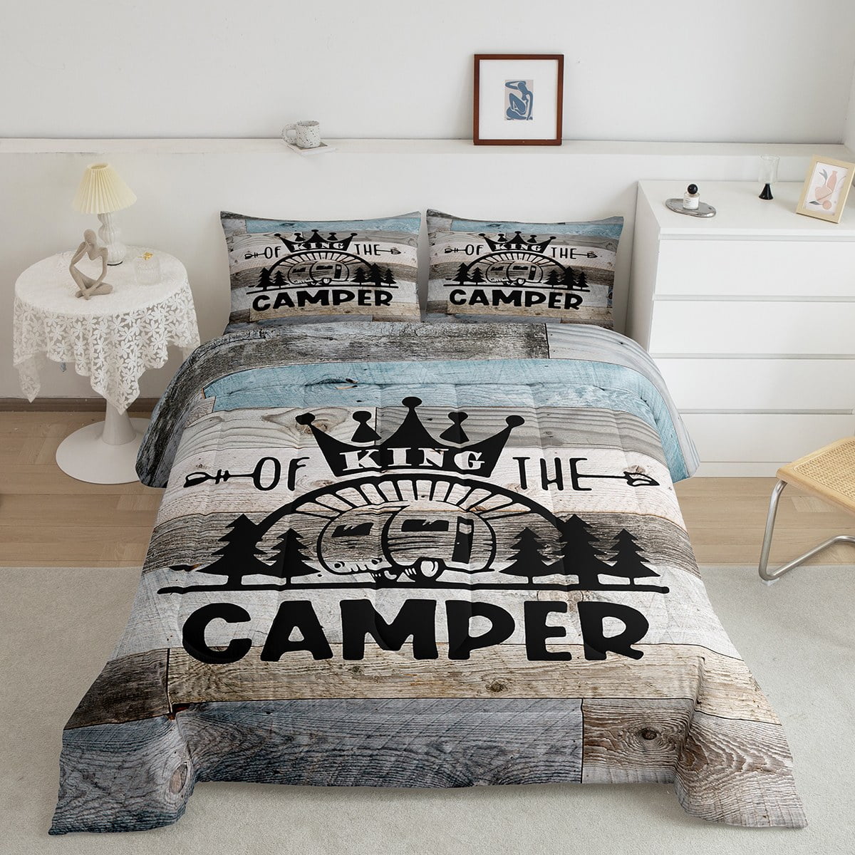 Happy Camping Comforter Set - Cartoon Camper & Car Design, Twin Size Bedding For Kids & Teens
