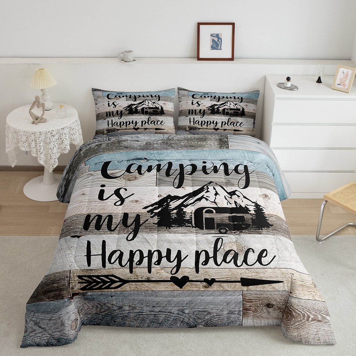 Happy Camping Bedding for Kids Girls,Camper Comforter Set for Travel