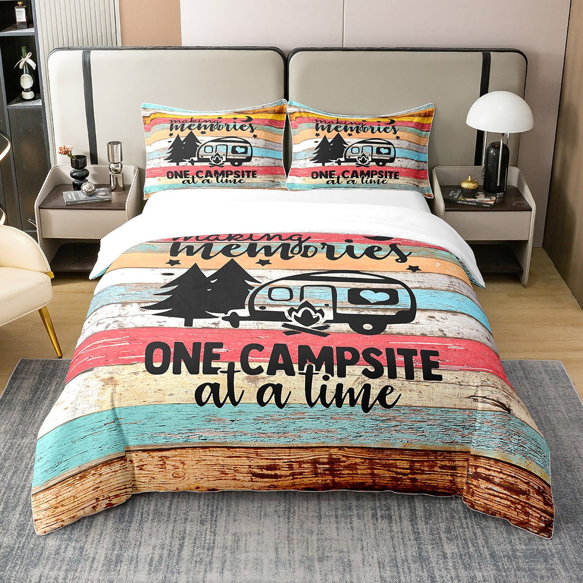 Happy Camping Bedding Set,Camper 100 Cotton Duvet Cover for Travel