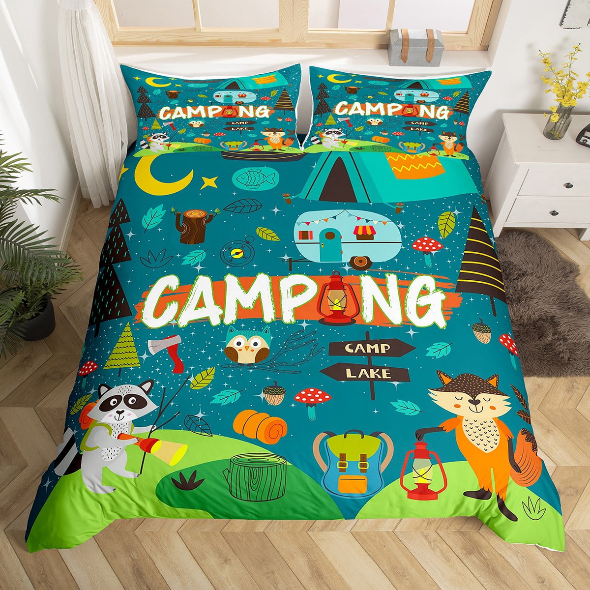 Happy Camping Bedding Set Camper Kids Comforter Cover for Boys Teens
