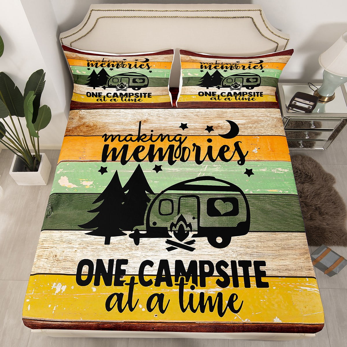 Happy Camping Bedding Set,Camper Fitted Sheet,RV Camping Car Bed Sheets
