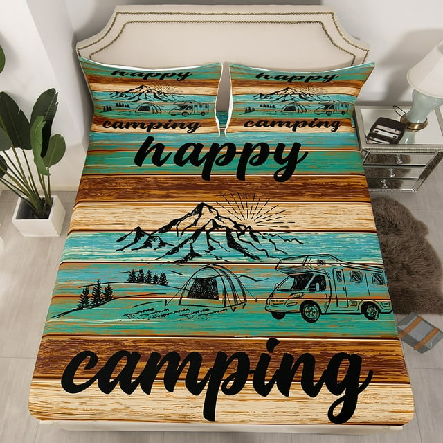 Happy Camping Bedding Set, Cartoon Rv Car Bed Sheets, Rustic Wooden