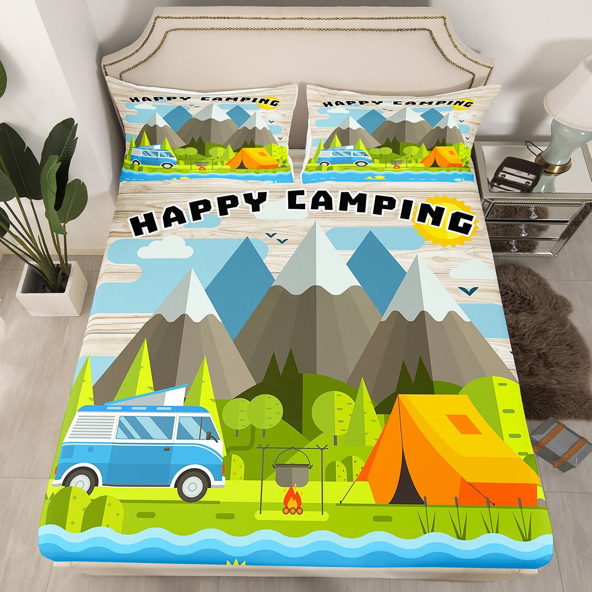 Happy Camping Bedding Set Catoon Camping Car Fitted Sheet for Kids