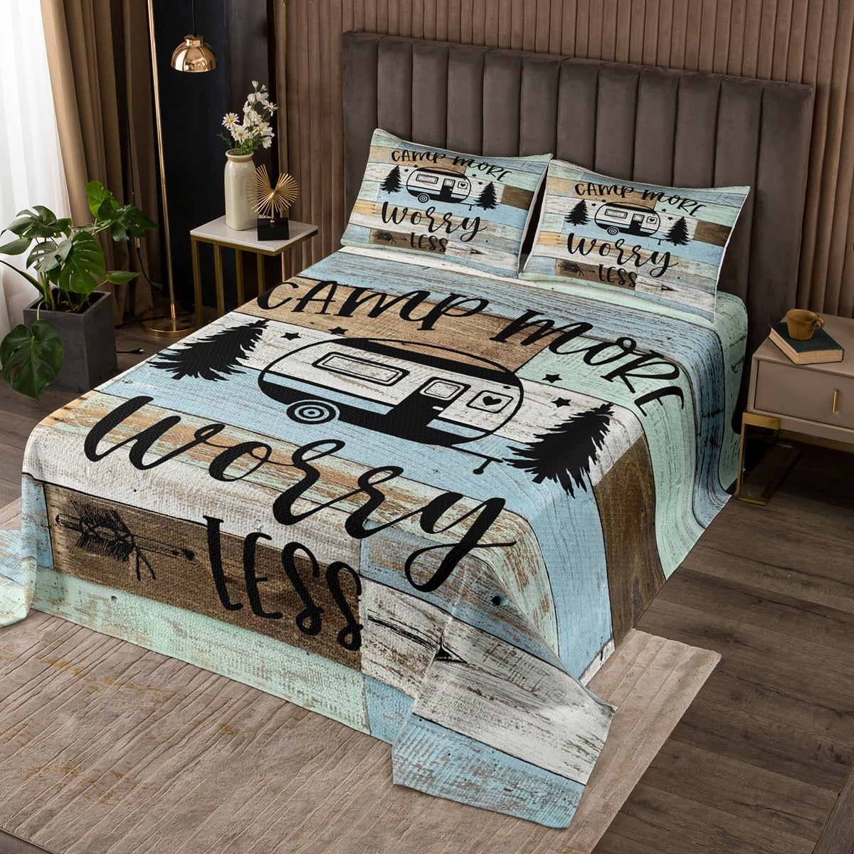 Happy Camping Bedspread Set for Girls,Camper Quilt Set,RV Camping Car