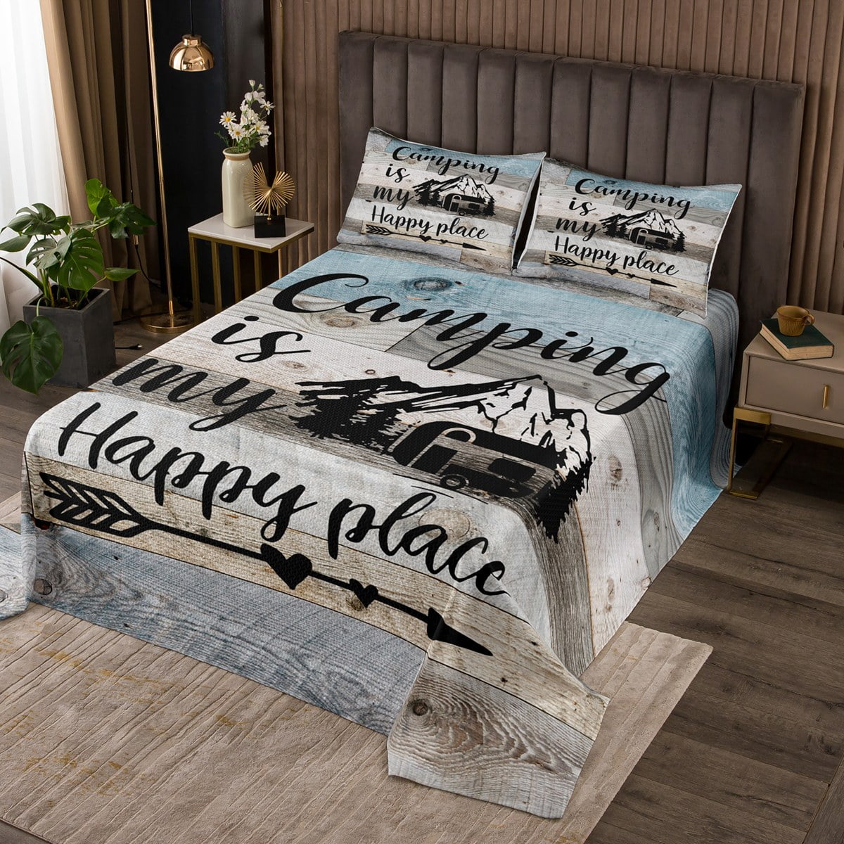 Happy Camping Bedspread Set for Girls,Camper Quilt Set,RV Camping Car