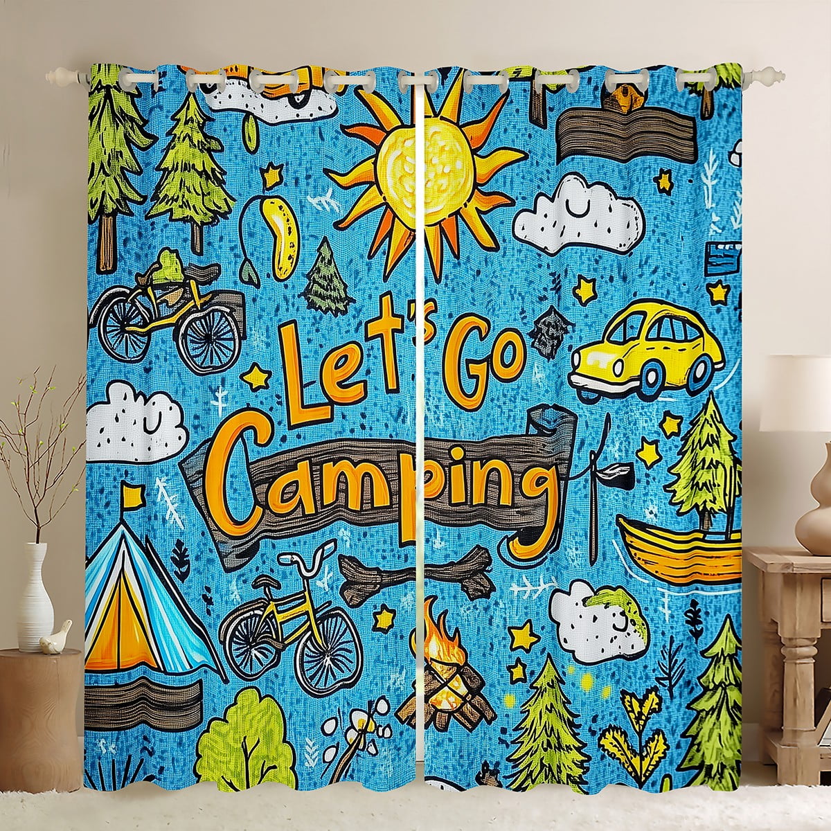 Camper Theme Blackout Curtains - Camping Adventure Drapes, 52x84 Inches, Botanical Flowers & Mountains Design