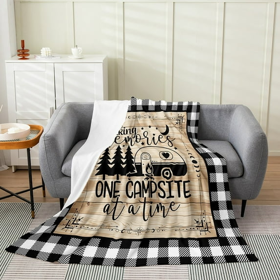 Happy Camping Blanket Queen 90x90,Camper Travel Trailers Throw Blanket,Wooden Farm Fleece Blanket For Home Room Decor,Black White Lattice Flannel Blanket For Travel,Sun Moon Pine Tree Fuzzy Blanket