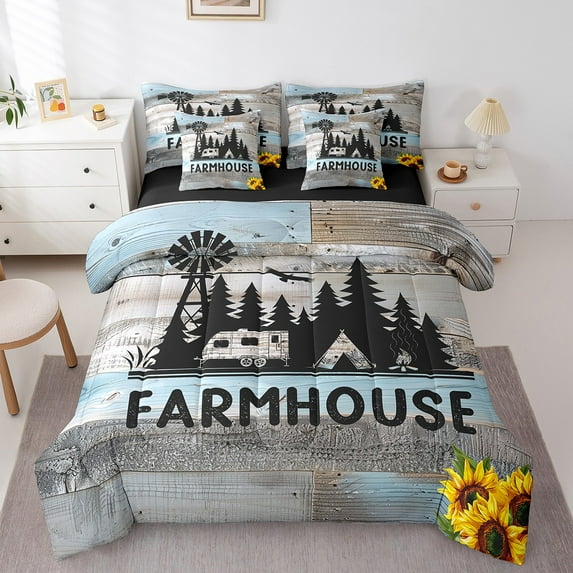 Happy Camping Camper Bedding Full 7-Piece Vintage Farmhouse Comforter Set, Rustic Old Barn Door Bedding Comforter Sets Windmill Jungle Silhouette Bed in a Bag RV Travel Trailer Car Bedding Accessories
